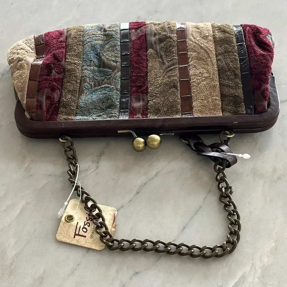 Fossil Blakely Frame Clutch Patchwork Leather Kiss Lock Bag Purse NWT